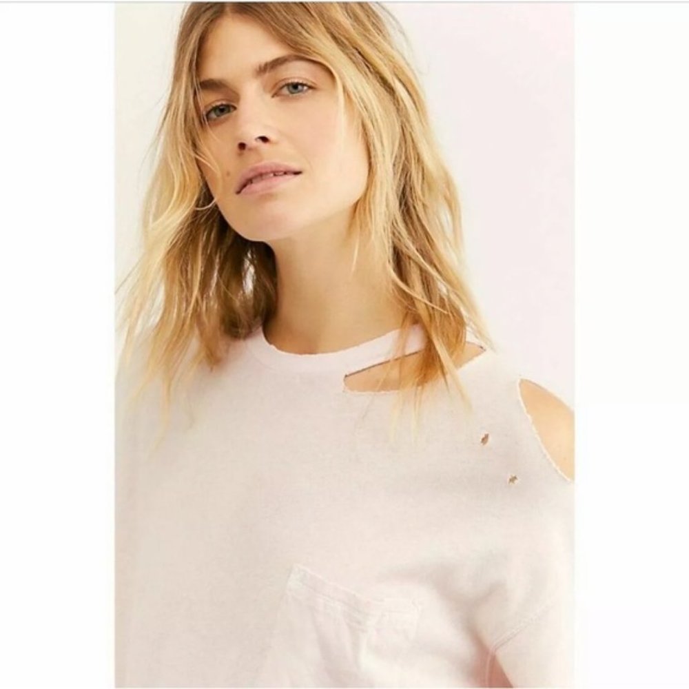NWT Free People Lucky Distressed Oversized Pocket Crew Tee Shirt Lavender Medium - Picture 2 of 10